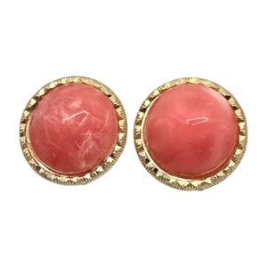 Vintage Earrings Hong Kong Signed Chunky Round Bezel Peach Pink Retro Jewelry